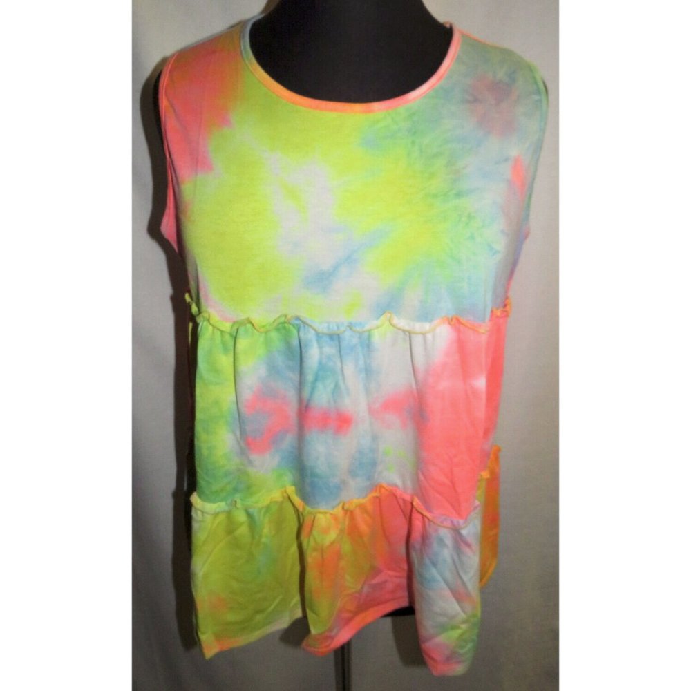 Plus Size 1X Bright Tie Dye Tiered Sleeveless Tank Top